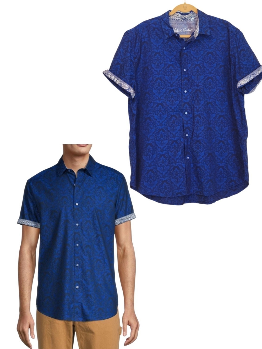EUC Robert Graham Bayview SS Button Down Cotton Navy Blue Jacquard Shirt 2XL
